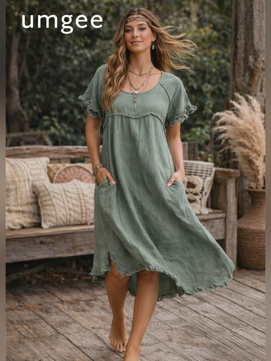 Umgee Dresses & Skirts - Umgee Linen Blend Boho Tunic Dress Raw Hem Coastal Oversized Sage,Shift Size L
